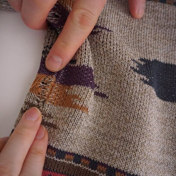 Vintage '90s London Fog Taupe Purple Aztec Cotton Crewneck Knit Sweater Large - Picture 8 of 10